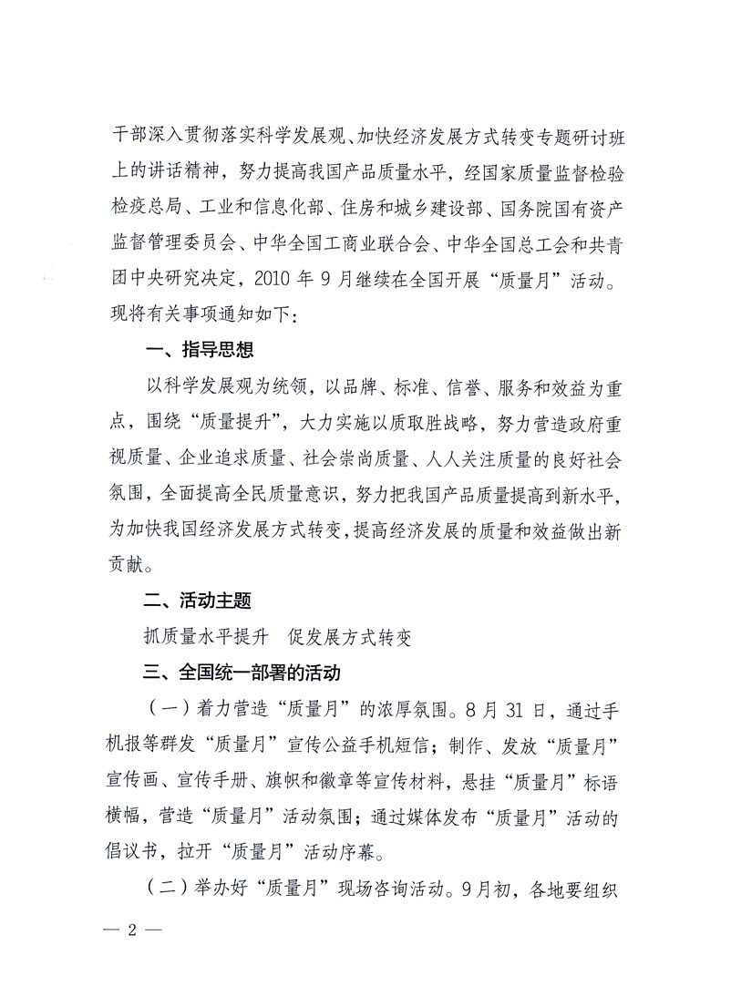 國(guó)家質(zhì)量監(jiān)督檢驗(yàn)檢疫總局、工業(yè)和信息化部、住房和城鄉(xiāng)建設(shè)部、國(guó)務(wù)院國(guó)有資產(chǎn)監(jiān)督管理委員會(huì)、中華全國(guó)工商業(yè)聯(lián)合會(huì)、中華全國(guó)總工會(huì)、共青團(tuán)中央《關(guān)于開展2010年全國(guó)“質(zhì)量月”活動(dòng)的通知》